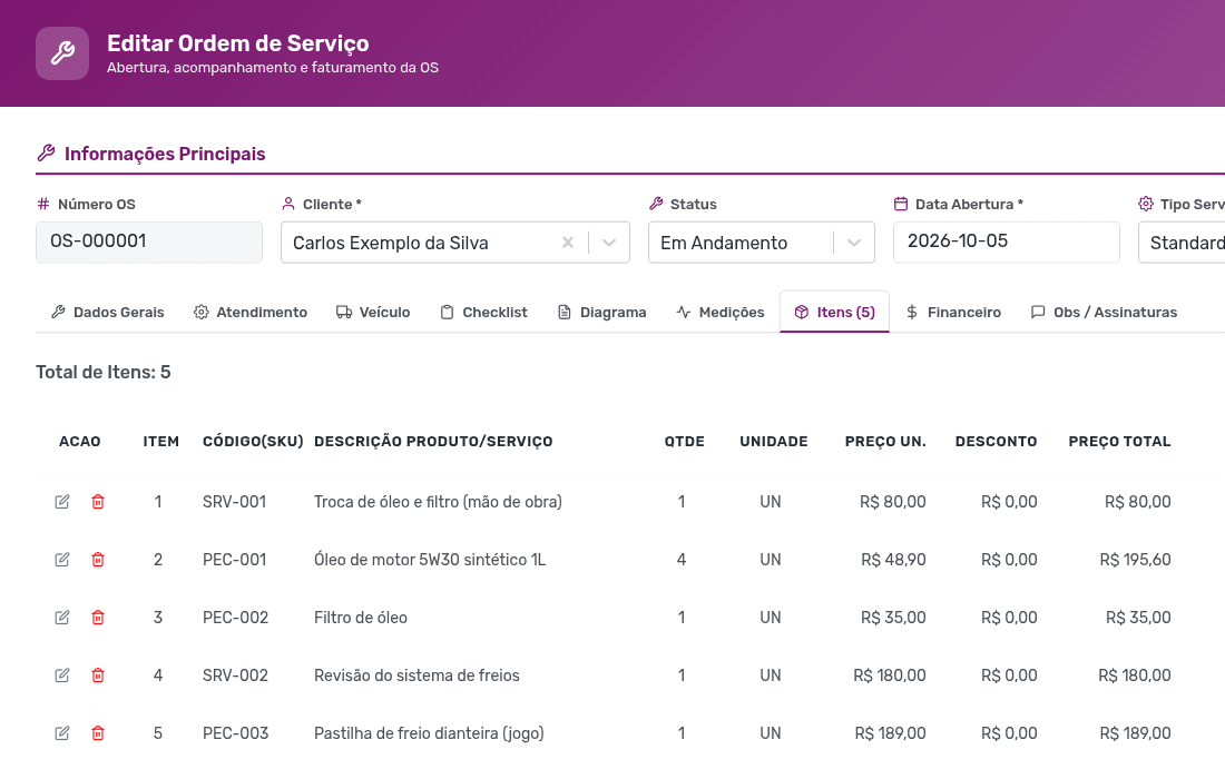 Itens da ordem de serviço com troca de óleo, filtro, pastilhas de freio e revisão